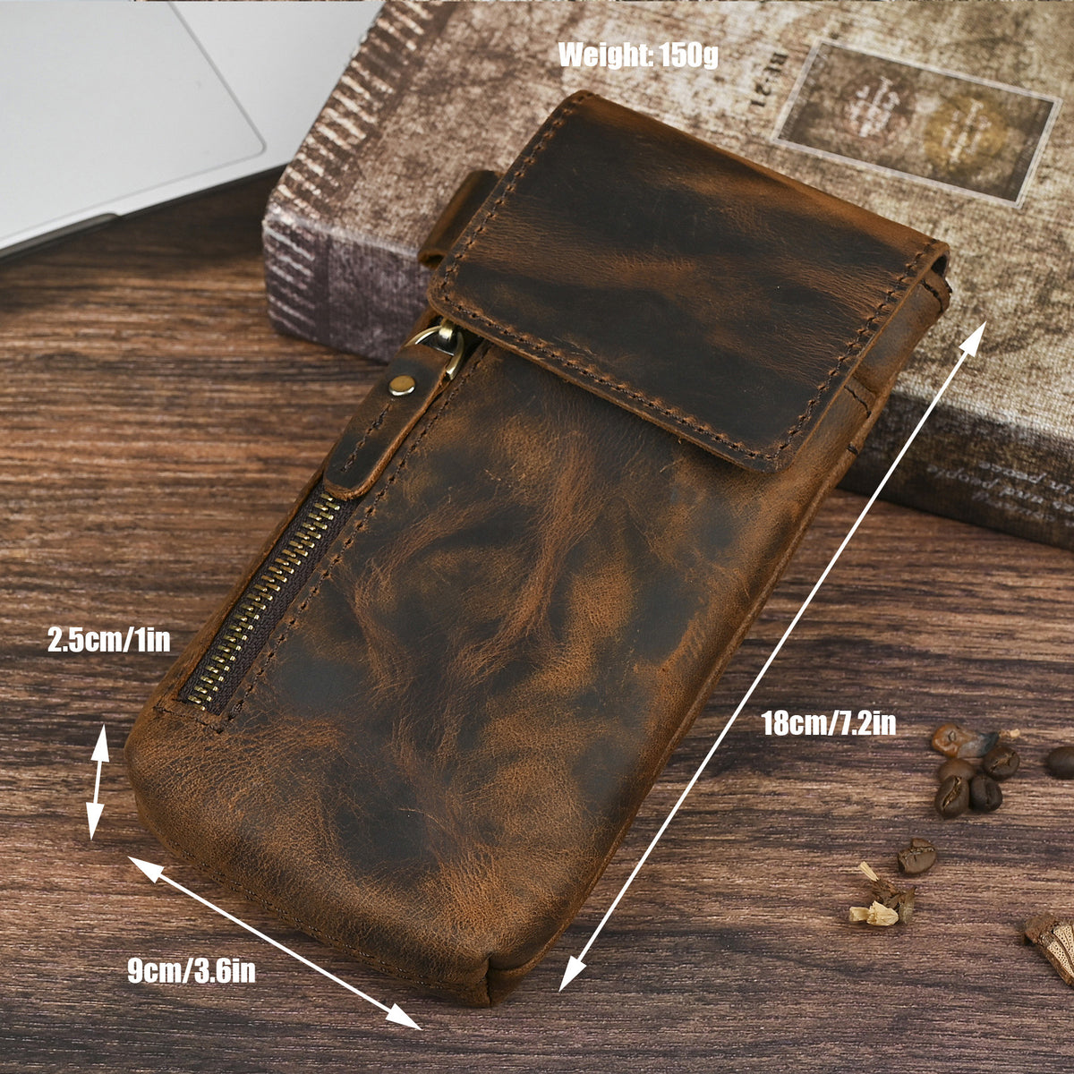 Men’s Leather Waist Bag with Vintage Phone Pouch and Zipper Pocket
