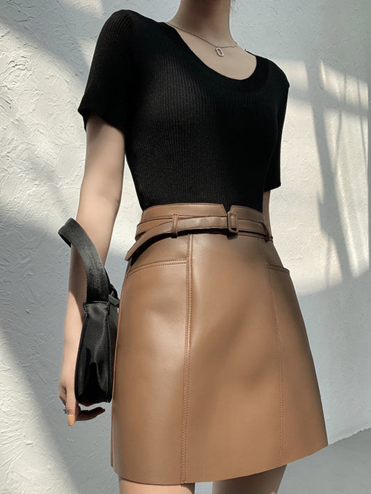 Genuine Leather A-Line Mini Skirt With Belt