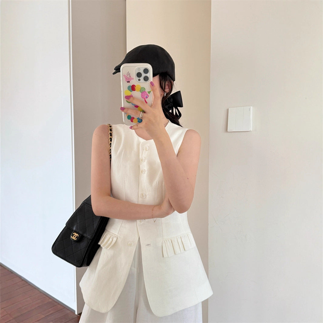 Linen womens sleeveless button up vest
