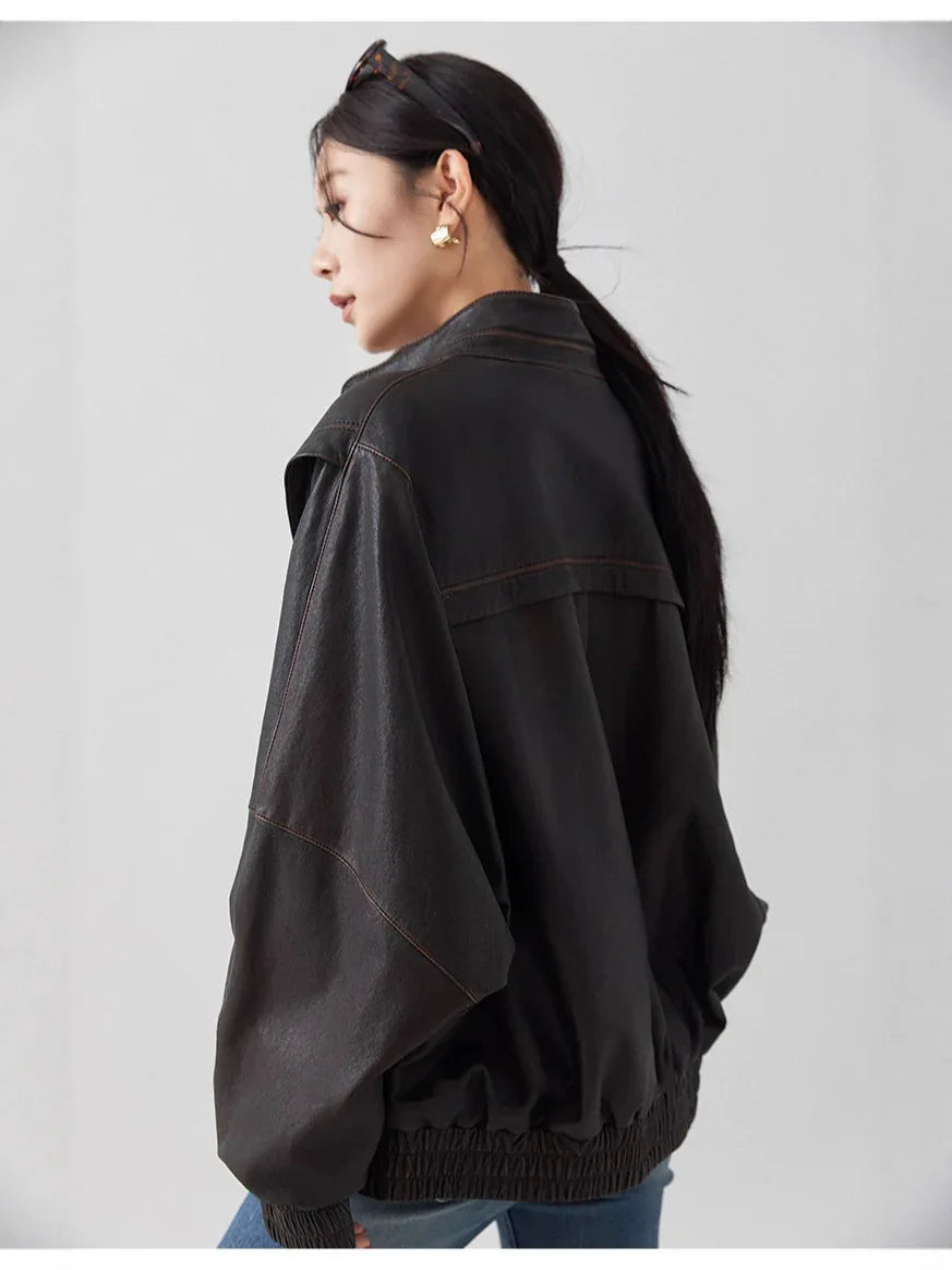 Women oversized vintage sheepskin leather jacket