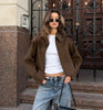 Women Brown Lapel Wool Coat Cropped Loose Fit Zipper Jacket