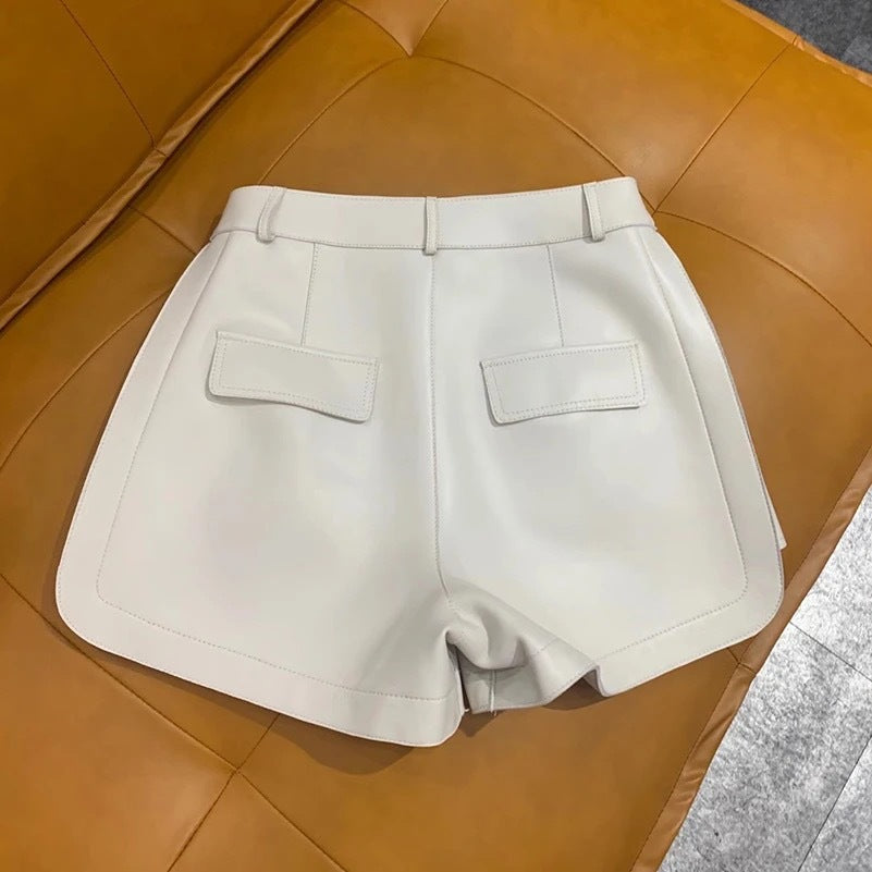 Women Genuine Leather Workwear Shorts High Waisted