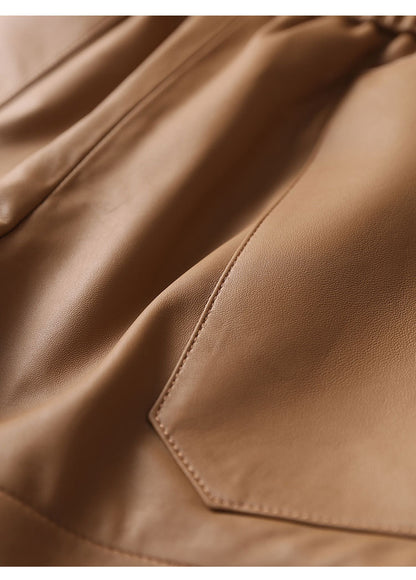Women’s Genuine Sheepskin Leather High Waist Shorts with Pockets