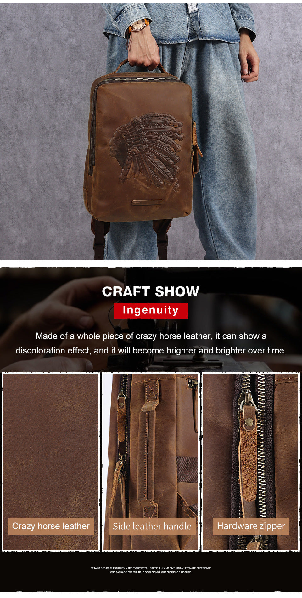 Genuine Leather Men’s Retro Crazy Horse Travel Backpack Laptop Bag