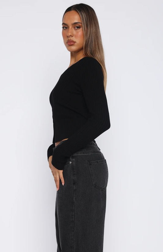 black fitted button-up top with a v-neckline