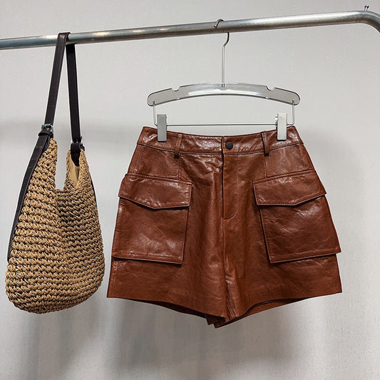 High Waisted Black Genuine Leather Shorts with Front Pockets