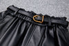High Waist Black Leather Midi Skirt with Belt Pleated Design