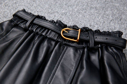 High Waist Black Leather Midi Skirt with Belt Pleated Design
