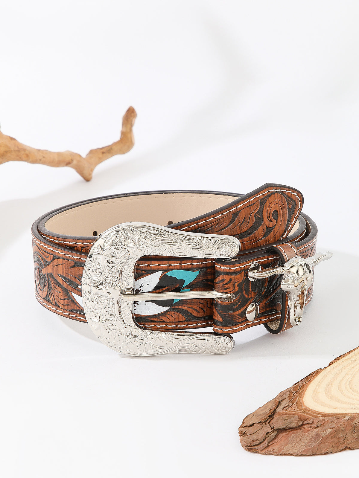 Women’s Western Faux Leather Belt with Ornate Cowgirl Buckle