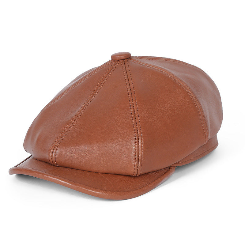 Men's leather newsboy cap with sheepskin