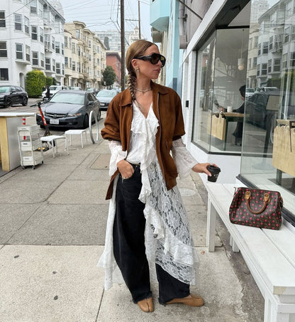 Brown Faux Suede Jacket Oversized Retro for Women