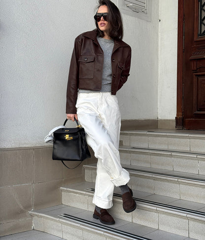 Brown Cropped Faux Leather Jacket for Women Flap Pockets