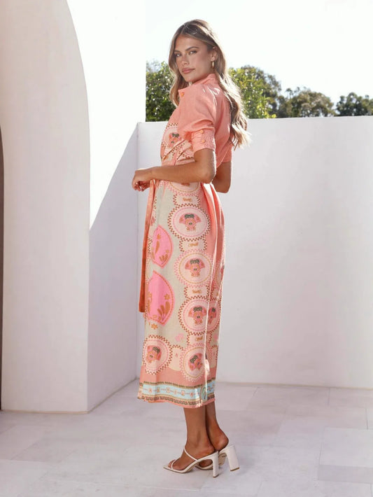 Peach print linen waist tie women maxi dress