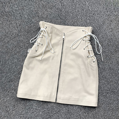 Leather Mini Skirt  High Waist  Front Lace-Up