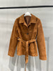 Women Genuine Suede Single Breasted Leather Jacket with Belt
