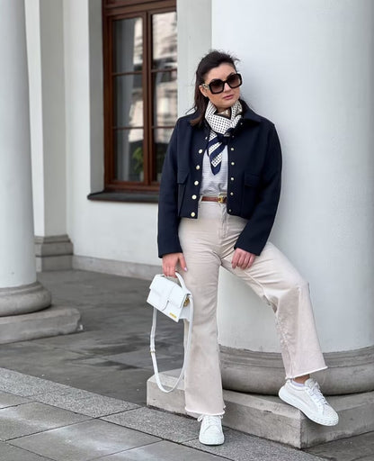 Women’s Wool Blend Cropped Jacket with Gold Metal Buttons