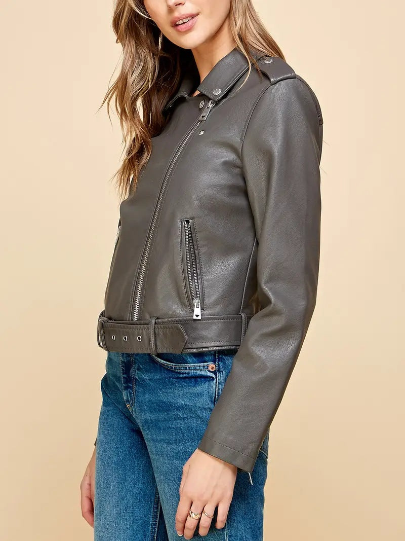 Women’s Grey PU Leather Cropped Motorcycle Jacket With Belt