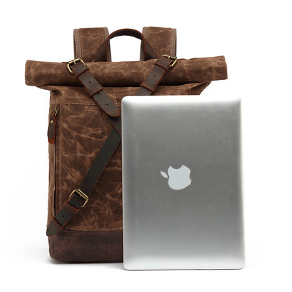 Waxed Canvas Backpack with Genuine Leather and Roll Top Design