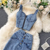 Women’s Denim Two Piece Skirt Set with Zipper Crop Top