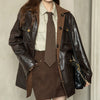 Reversible Waxed Leather Jacket Oversized Coat with Corduroy