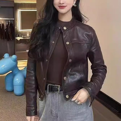 Women slim fit sheepskin biker leather jacket Brown M