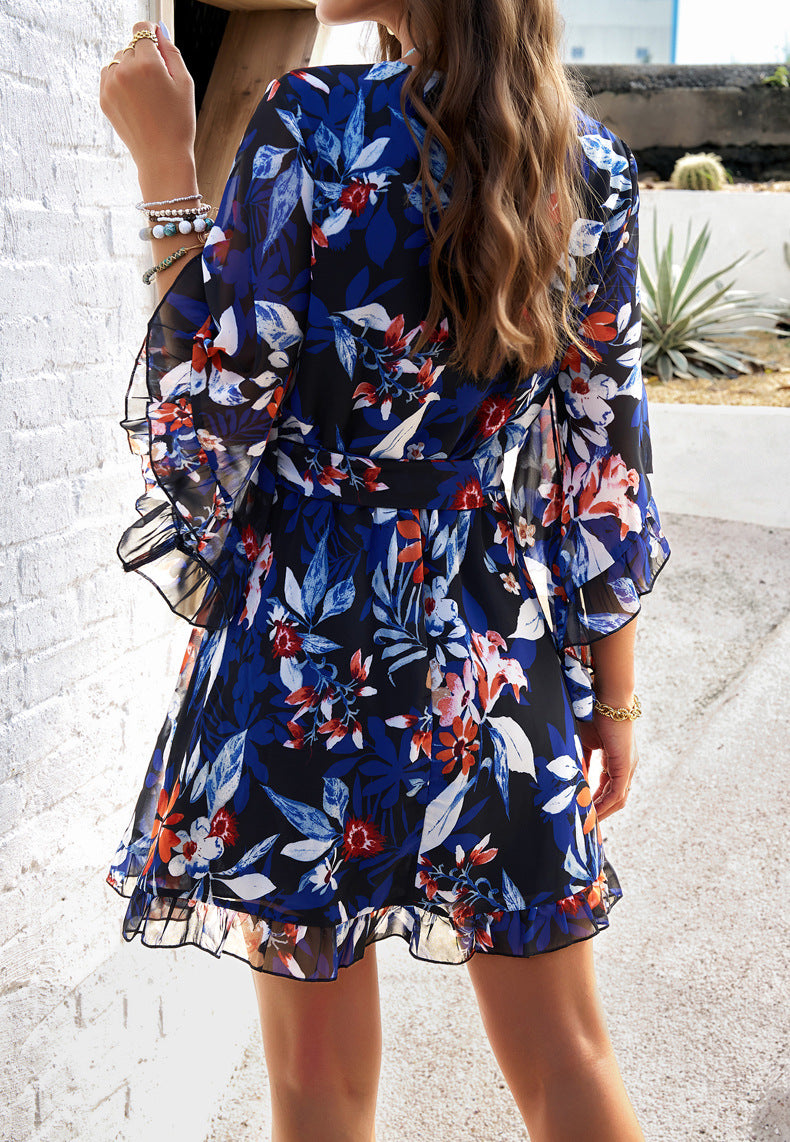 Ruffle Floral Wrap Mini Summer Dress Midnight Blue Bloom