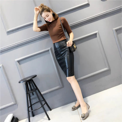 High Waist Black PU Leather Pencil Skirt for Women with Back Slit