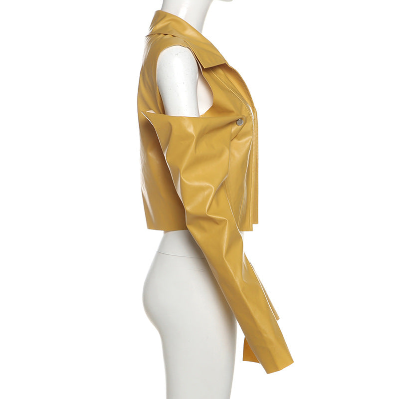 Cropped Faux Leather Jacket for Women with Detachable Sleeves