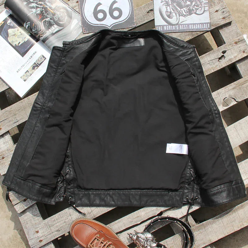 Black chain front motorcycle leather vest for men