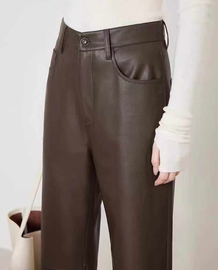 Women’s High Rise Genuine Straight Leather Pants Brown