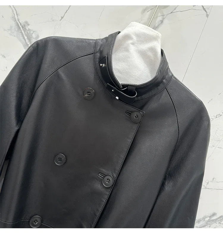 Women sheepskin leather trench coat long belt - Boho Living Room