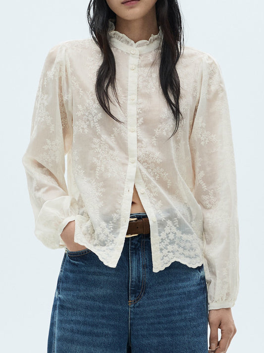Plain Lace Spliced Puff Sleeve Blouse