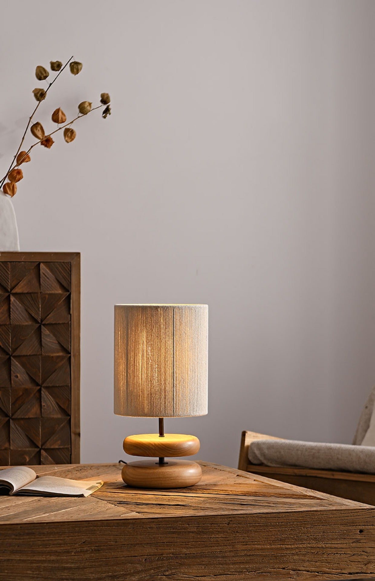 Wabi-sabi Solid Wood Table Lamp with Fabric Lampshade