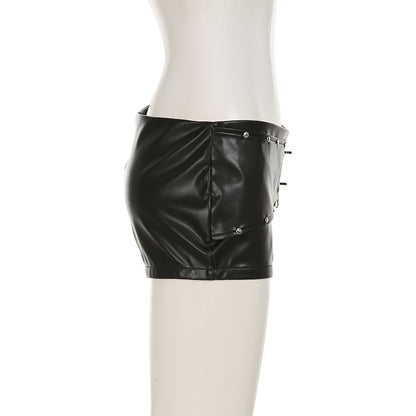 Black Faux Leather Shorts for Women with Buckle Low Waist