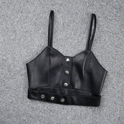 Leather Camisole Vest Cropped Corset Top with Snap Belt