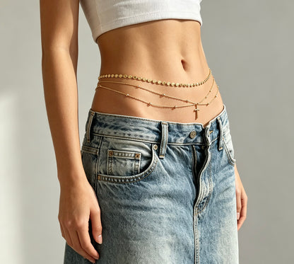 Women’s Gold Layered Cross Waist Chain Beaded Body Jewelry