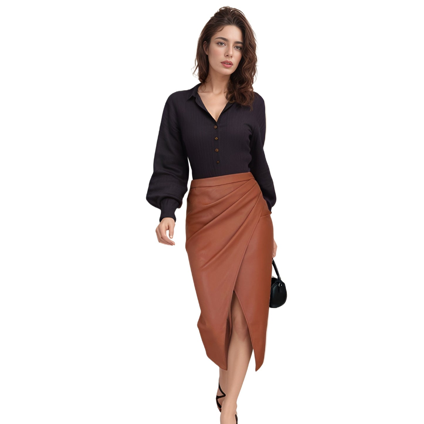 High Waisted PU Leather Wrap Skirt with Slit