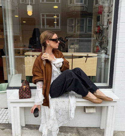 Brown Faux Suede Jacket Oversized Retro for Women