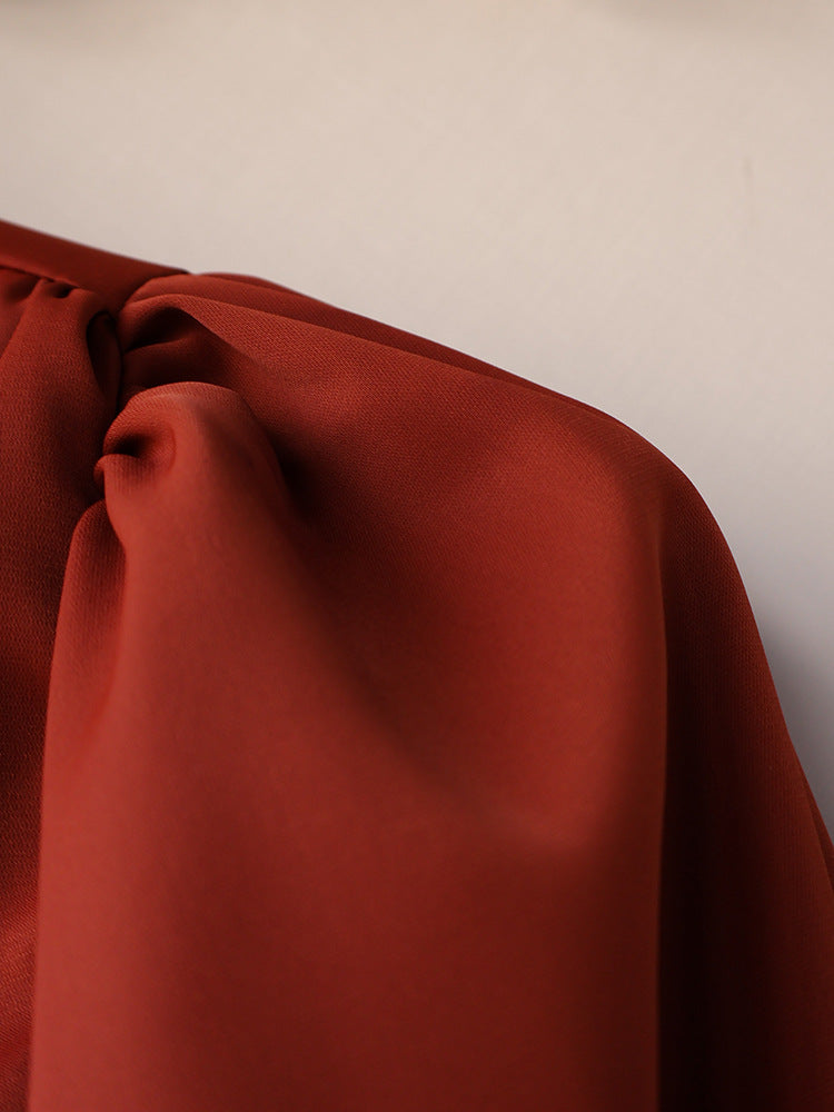 Women’s V-Neck Lantern Sleeve Blouse with Fitted Waist and Button Detail