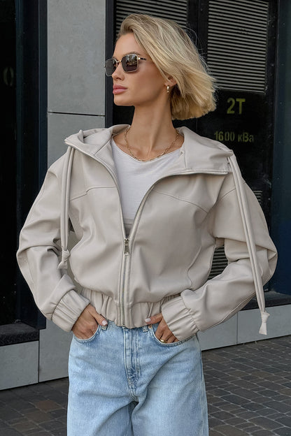 Faux Leather Hooded Jacket Women Zip-Up Street Casual