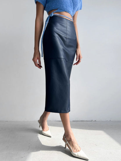 High waist pu leather midi skirt for women