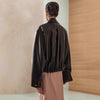 Black Glossy Faux Leather Cropped Jacket with Drawstring Hem for Women