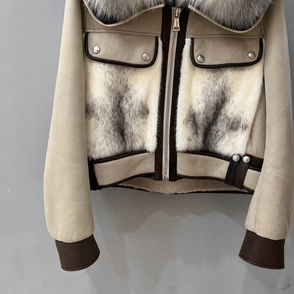 Women Real Fur Bomber Jacket Genuine Sheepskin with Fox Fur Collar
