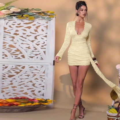 Women Deep V Lace Long Sleeve Ruched Bodycon Mini Dress