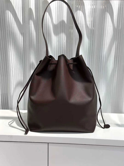 Genuine Leather Women’s Bucket Bag Tote with Drawstring