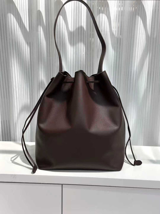 Genuine Leather Women’s Bucket Bag Tote with Drawstring