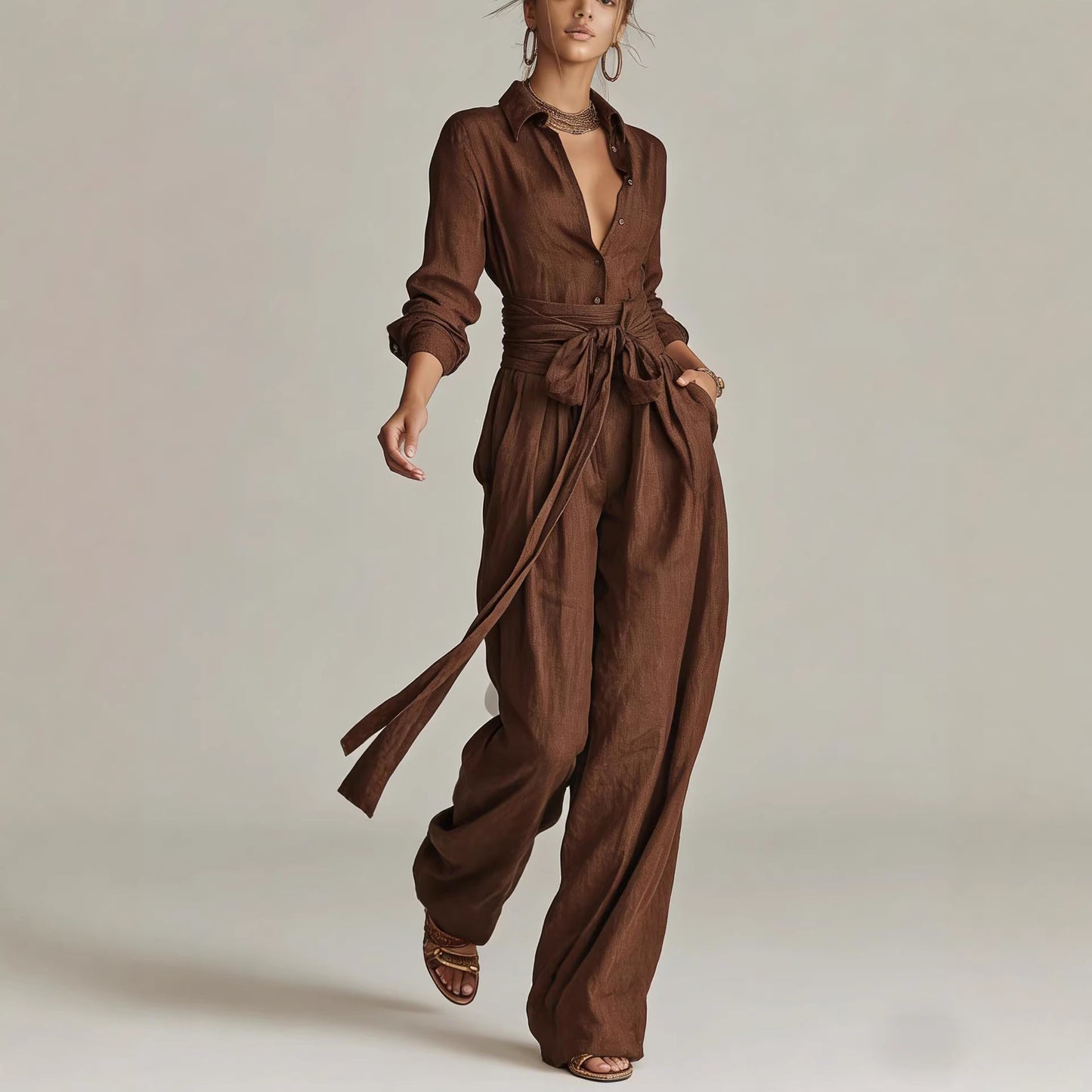 Women’s Two Piece Belted Wide Leg Pant Set
