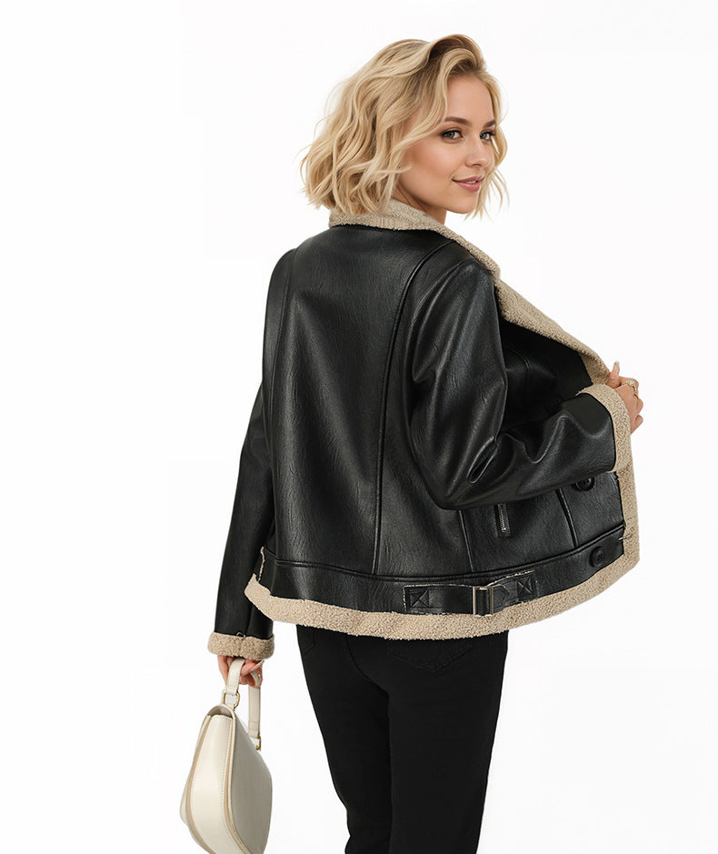 Black Faux Leather Jacket with Beige Shearling for Women