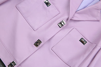 Women Cropped Pink Leather Jacket With Metal Lock