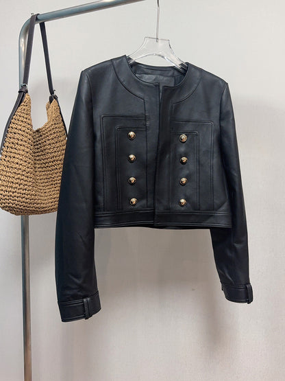 Women Cropped Leather Jacket Round Neck with Gold Buttons